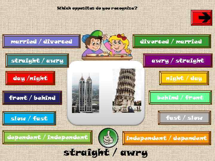 Which opposites do you recognize? è married / divorced / married straight / awry