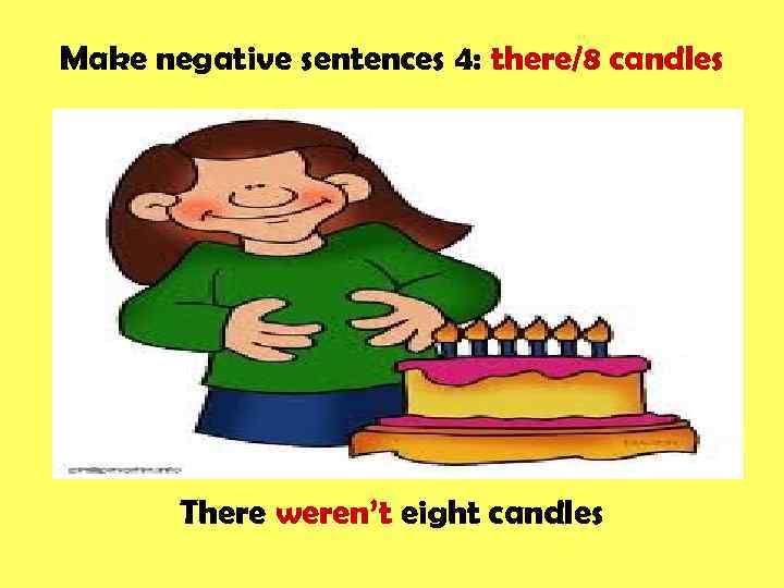 Make negative sentences 4: there/8 candles There weren’t eight candles 