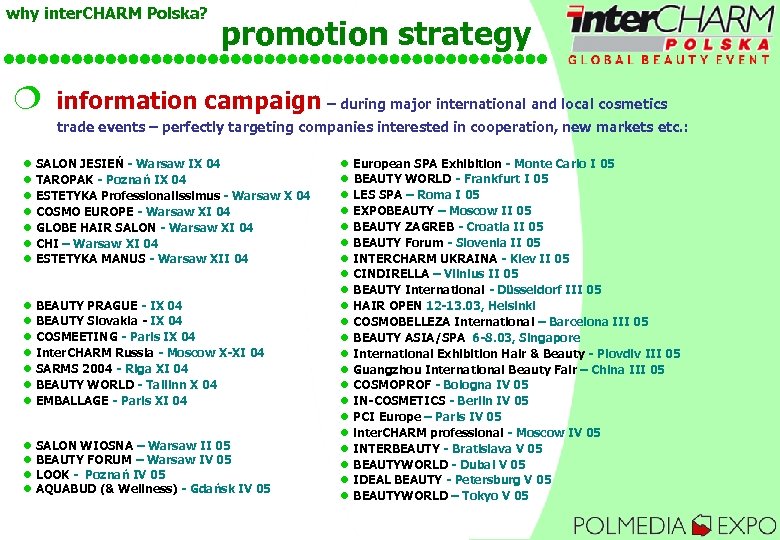 why inter. CHARM Polska? ¦ promotion strategy information campaign – during major international and
