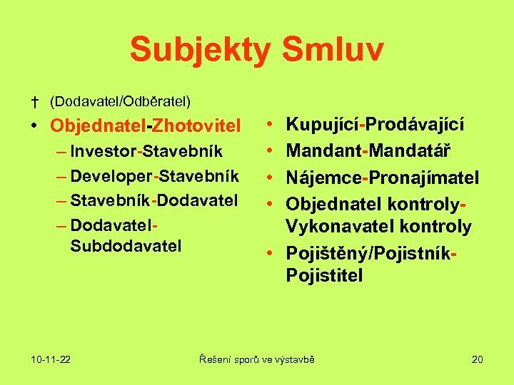 Subjekty Smluv † (Dodavatel/Odběratel) • Objednatel-Zhotovitel – Investor-Stavebník – Developer-Stavebník – Stavebník-Dodavatel – Dodavatel.