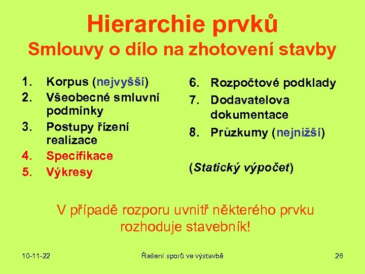 Hierarchie prvků Smlouvy o dílo na zhotovení stavby 1. 2. 3. 4. 5. Korpus