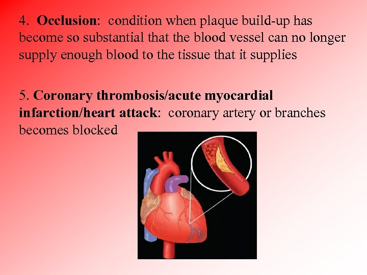 4. Occlusion: condition when plaque build-up has become so substantial that the blood vessel