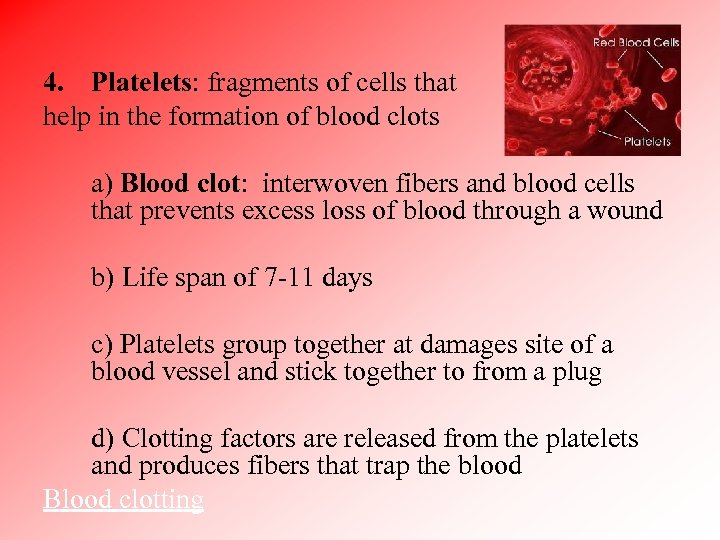 4. Platelets: fragments of cells that help in the formation of blood clots a)