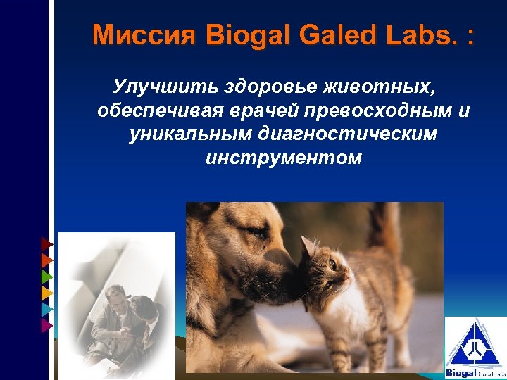 Миссия Biogal Galed Labs. : Улучшить здоровье животных, обеспечивая врачей превосходным и уникальным диагностическим
