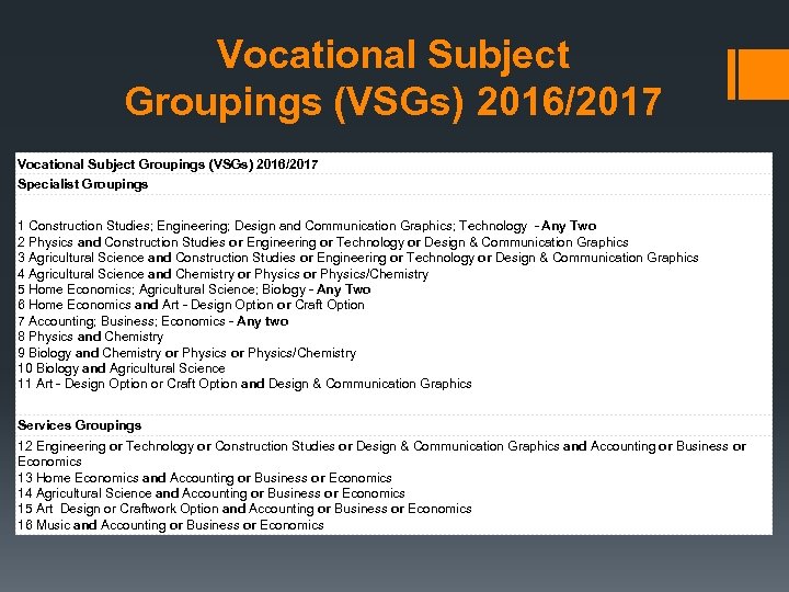 Vocational Subject Groupings (VSGs) 2016/2017 Specialist Groupings 1 Construction Studies; Engineering; Design and Communication