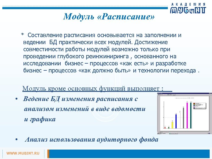 Модуль «Расписание» * Составление расписания основывается на заполнении и ведении БД практически всех модулей.