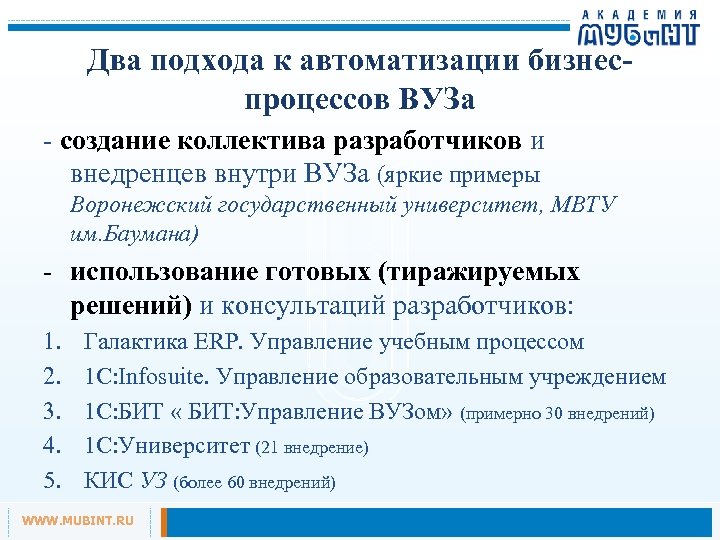 Два подхода к автоматизации бизнеспроцессов ВУЗа - создание коллектива разработчиков и внедренцев внутри ВУЗа