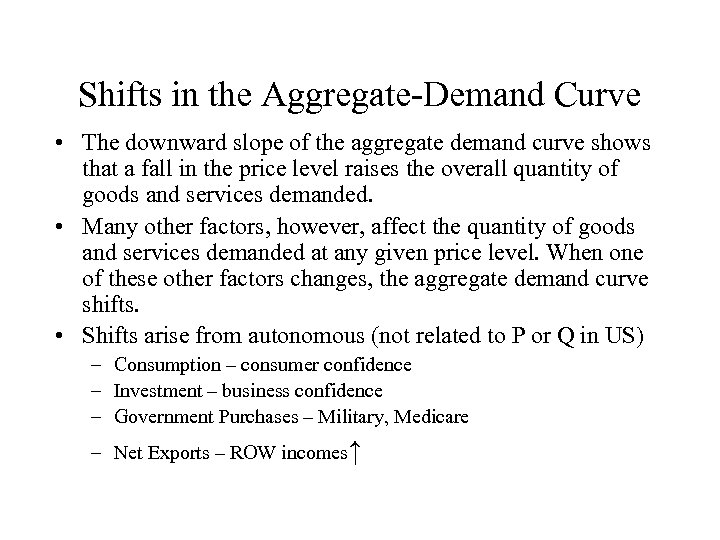 Shifts in the Aggregate-Demand Curve • The downward slope of the aggregate demand curve