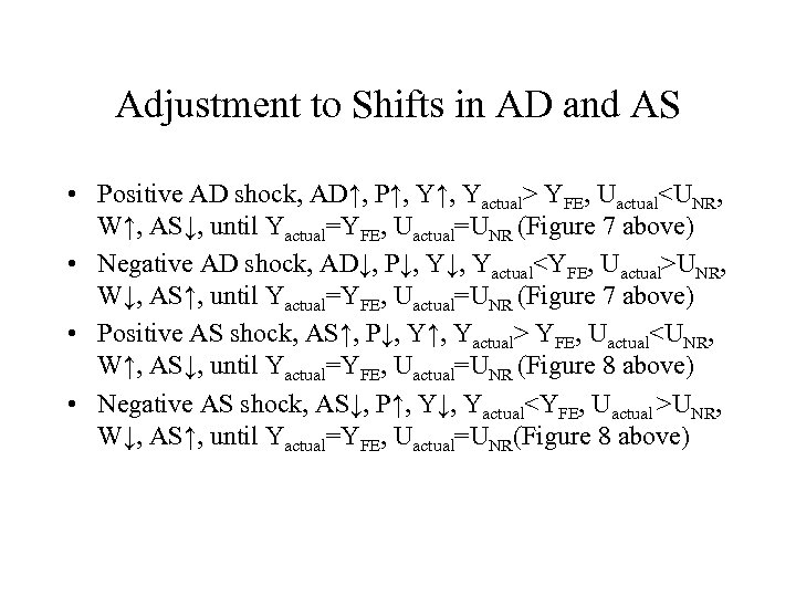 Adjustment to Shifts in AD and AS • Positive AD shock, AD↑, P↑, Yactual>