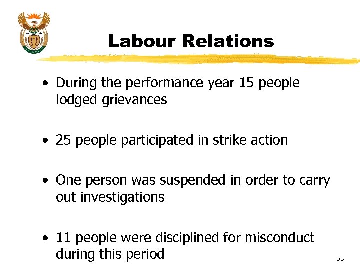 Labour Relations • During the performance year 15 people lodged grievances • 25 people