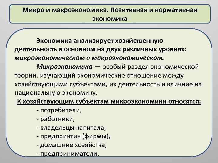 Микро и макроэкономика. Позитивная и нормативная экономика Экономика анализирует хозяйственную деятельность в основном на