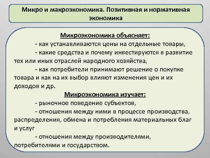 Микро и макроэкономика. Позитивная и нормативная экономика Микроэкономика объясняет: как устанавливаются цены на отдельные