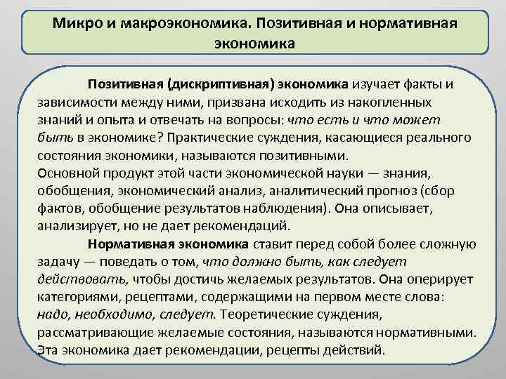 Микро и макроэкономика. Позитивная и нормативная экономика Позитивная (дискриптивная) экономика изучает факты и зависимости