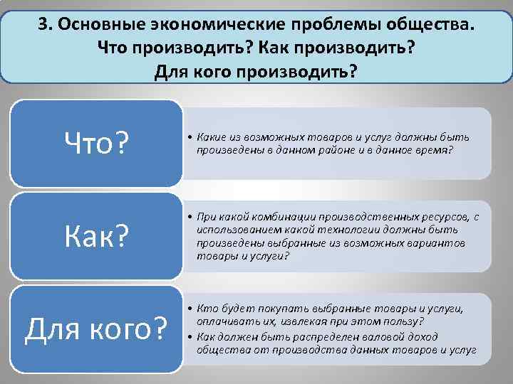 3. Основные экономические проблемы общества. Что производить? Как производить? Для кого производить? Что? •