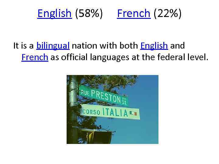 English (58%) French (22%) It is a bilingual nation with both English and French