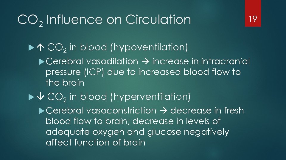 CO 2 Influence on Circulation 19 CO 2 in blood (hypoventilation) Cerebral vasodilation increase