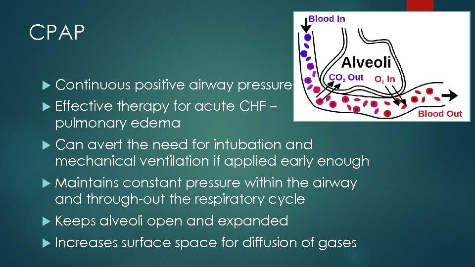 CPAP Continuous positive airway pressure Effective therapy for acute CHF – pulmonary edema Can