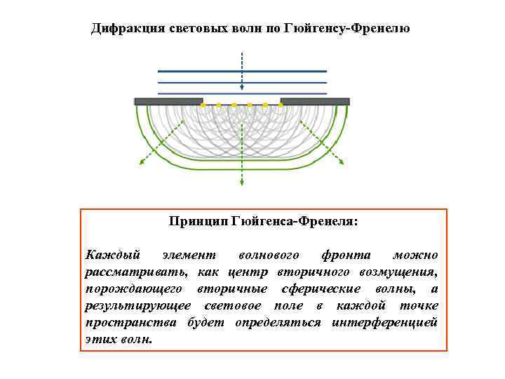 Дифракция световых волн по Гюйгенсу-Френелю Принцип Гюйгенса-Френеля: Каждый элемент волнового фронта можно рассматривать, как