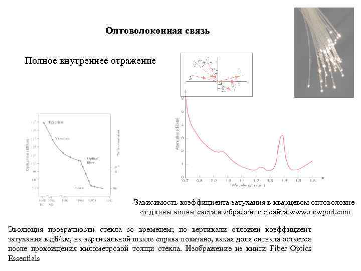 Оптоволоконная связь Полное внутреннее отражение Зависимость коэффициента затухания в кварцевом оптоволокне от длины волны