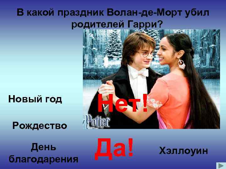 В какой праздник Волан-де-Морт убил родителей Гарри? Новый год Нет! Рождество День благодарения Да!