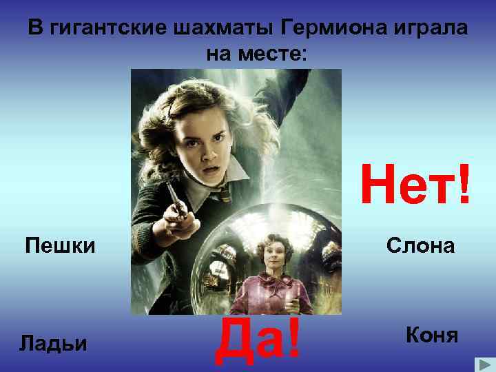 В гигантские шахматы Гермиона играла на месте: Нет! Пешки Ладьи Слона Да! Коня 