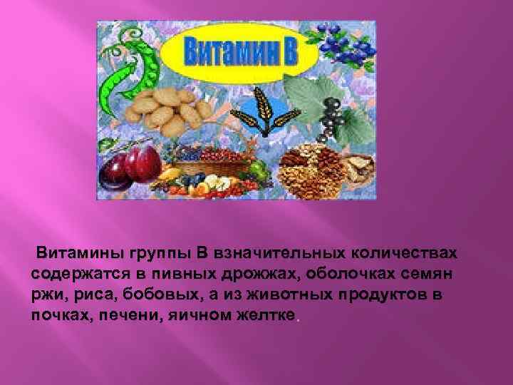  Витамины группы В взначительных количествах содержатся в пивных дрожжах, оболочках семян ржи, риса,