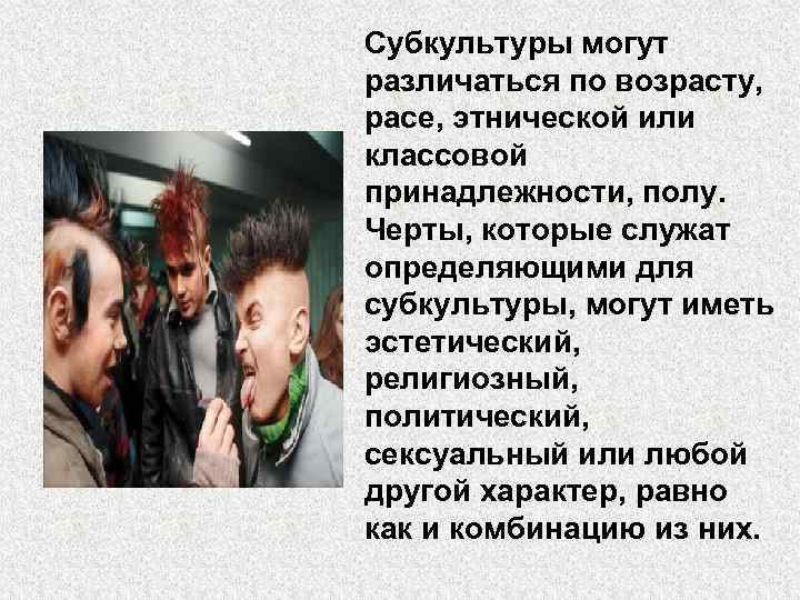 Субкультуры могут различаться по возрасту, расе, этнической или классовой принадлежности, полу. Черты, которые служат