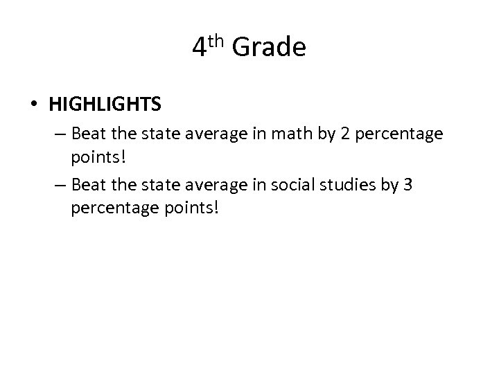 4 th Grade • HIGHLIGHTS – Beat the state average in math by 2