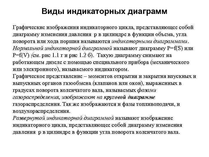 Виды индикаторных диаграмм Графические изображения индикаторного цикла, представляющее собой диаграмму изменения давления р в