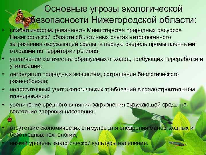 Основные угрозы экологической безопасности Нижегородской области: • слабая информированность Министерства природных ресурсов Нижегородской области