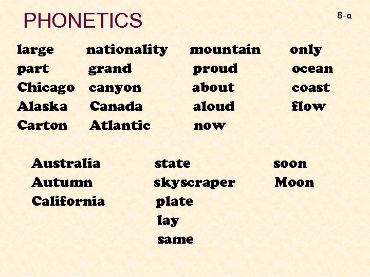 8 -a PHONETICS large nationality part grand Chicago canyon Alaska Canada Carton Atlantic Australia