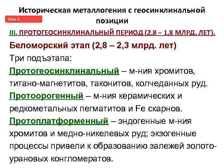 Историческая металлогения с геосинклинальной Taбл. 5 позиции III. ПРОТОГЕОСИНКЛИНАЛЬНЫЙ ПЕРИОД (2, 8 – 1,