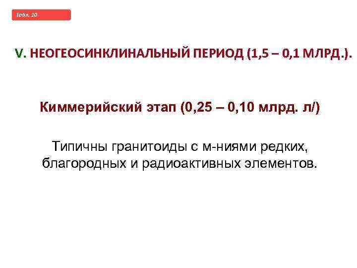 Taбл. 10 Историческая металлогения с геосинклинальной позиции V. НЕОГЕОСИНКЛИНАЛЬНЫЙ ПЕРИОД (1, 5 – 0,