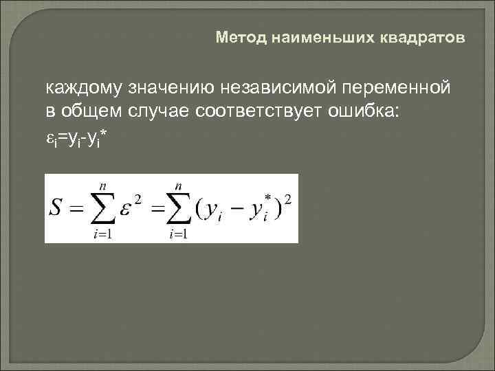 Метод наименьших квадратов каждому значению независимой переменной в общем случае соответствует ошибка: i=yi-yi* 