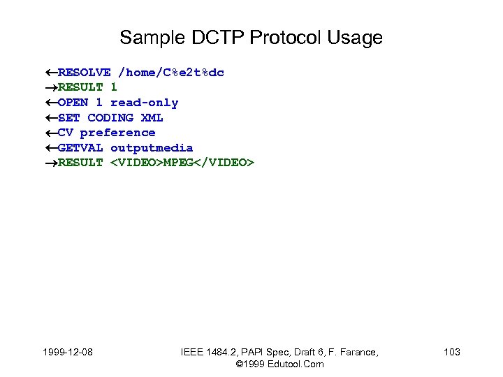 Sample DCTP Protocol Usage RESOLVE /home/C%e 2 t%dc RESULT 1 OPEN 1 read-only SET
