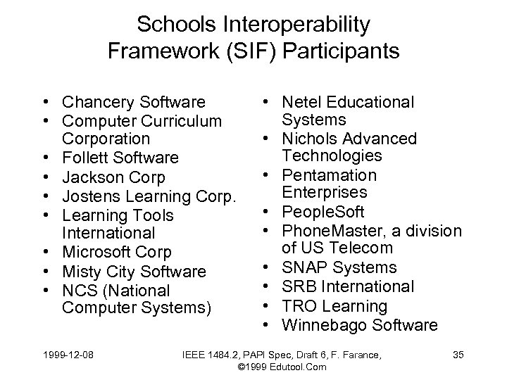 Schools Interoperability Framework (SIF) Participants • Chancery Software • Computer Curriculum Corporation • Follett