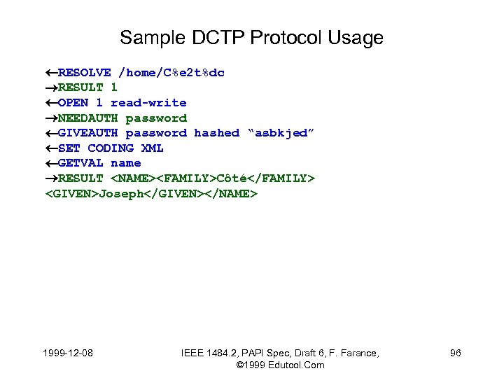 Sample DCTP Protocol Usage RESOLVE /home/C%e 2 t%dc RESULT 1 OPEN 1 read-write NEEDAUTH