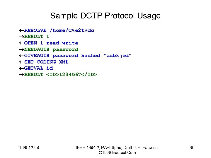 Sample DCTP Protocol Usage RESOLVE /home/C%e 2 t%dc RESULT 1 OPEN 1 read-write NEEDAUTH