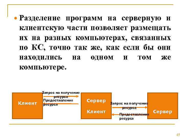  Разделение программ на серверную и клиентскую части позволяет размещать их на разных компьютерах,