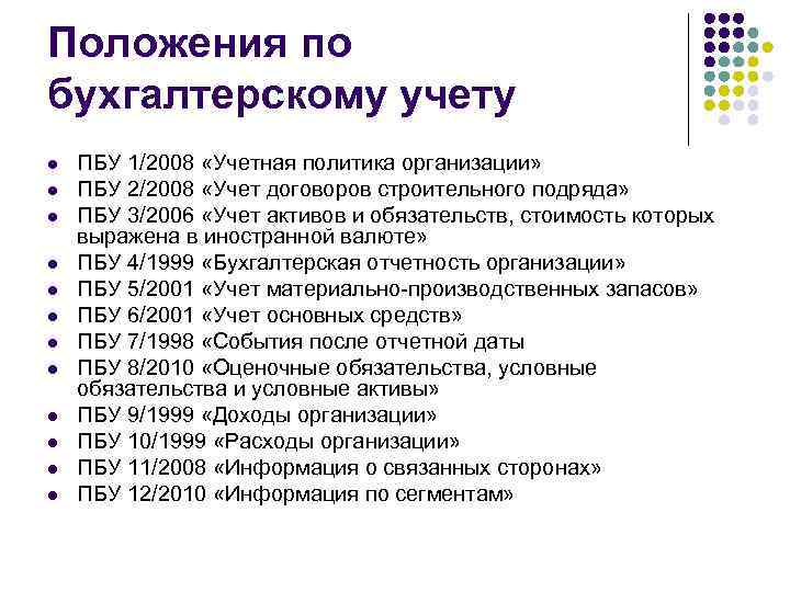 Положения по бухгалтерскому учету l l l ПБУ 1/2008 «Учетная политика организации» ПБУ 2/2008