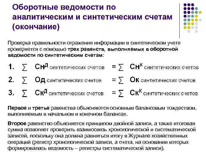Оборотные ведомости по аналитическим и синтетическим счетам (окончание) Проверка правильности отражения информации в синтетическом