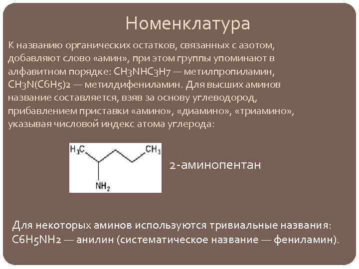 Номенклатура К названию органических остатков, связанных с азотом, добавляют слово «амин» , при этом