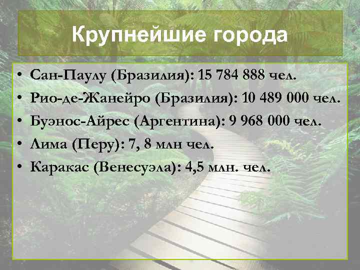 Крупнейшие города • • • Сан-Паулу (Бразилия): 15 784 888 чел. Рио-де-Жанейро (Бразилия): 10