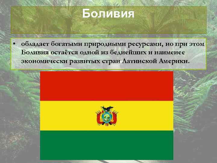 Боливия • обладает богатыми природными ресурсами, но при этом Боливия остаётся одной из беднейших