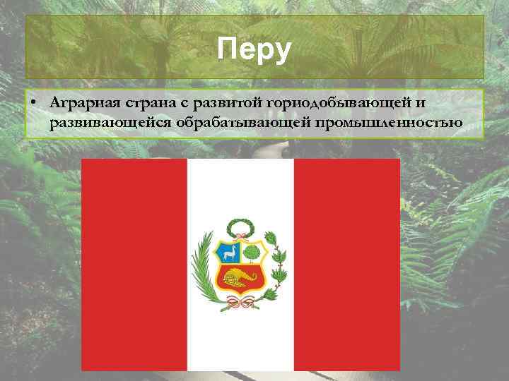 Перу • Аграрная страна с развитой горнодобывающей и развивающейся обрабатывающей промышленностью 
