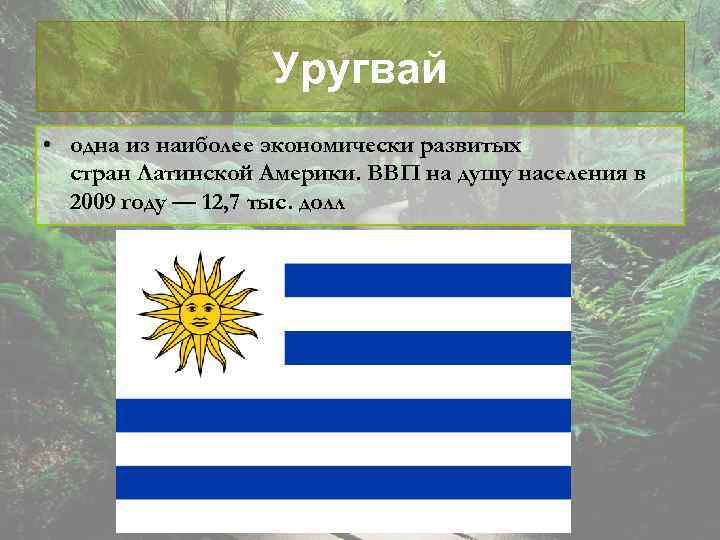 Уругвай • одна из наиболее экономически развитых стран Латинской Америки. ВВП на душу населения