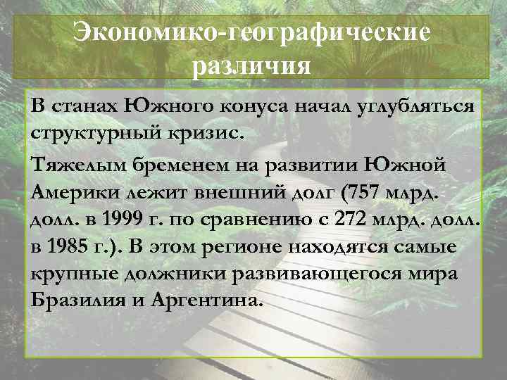 Экономико-географические различия В станах Южного конуса начал углубляться структурный кризис. Тяжелым бременем на развитии
