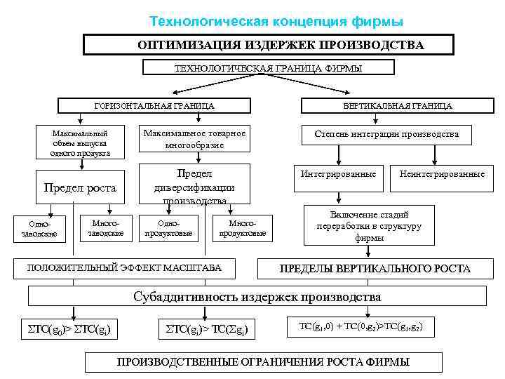 Технологическая концепция фирмы ОПТИМИЗАЦИЯ ИЗДЕРЖЕК ПРОИЗВОДСТВА ТЕХНОЛОГИЧЕСКАЯ ГРАНИЦА ФИРМЫ ВЕРТИКАЛЬНАЯ ГРАНИЦА ГОРИЗОНТАЛЬНАЯ ГРАНИЦА Максимальное