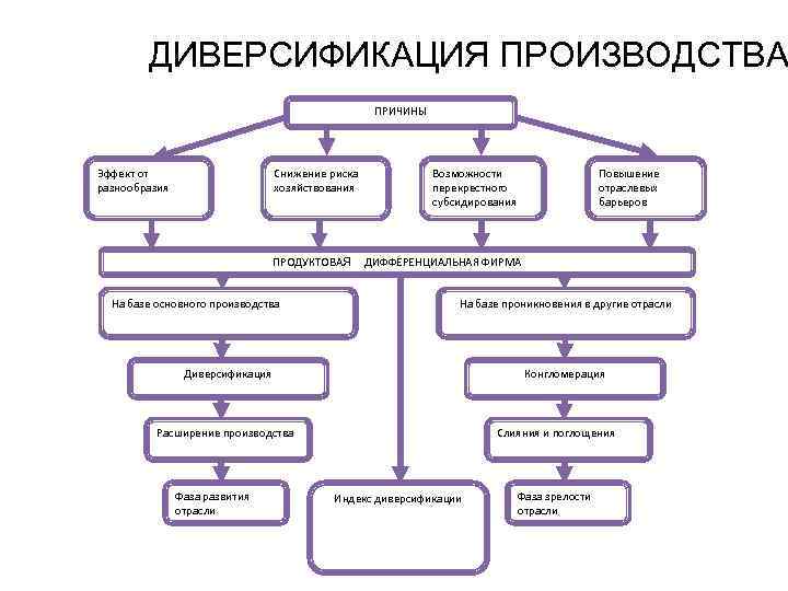ДИВЕРСИФИКАЦИЯ ПРОИЗВОДСТВА ПРИЧИНЫ Эффект от разнообразия Снижение риска хозяйствования ПРОДУКТОВАЯ На базе основного производства