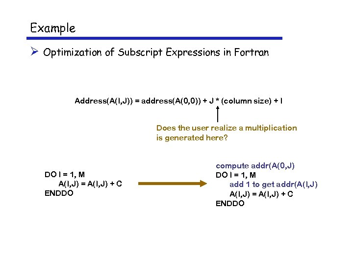 Example Ø Optimization of Subscript Expressions in Fortran Address(A(I, J)) = address(A(0, 0)) +